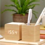 LED Wooden Cube Clock & Pen Holder